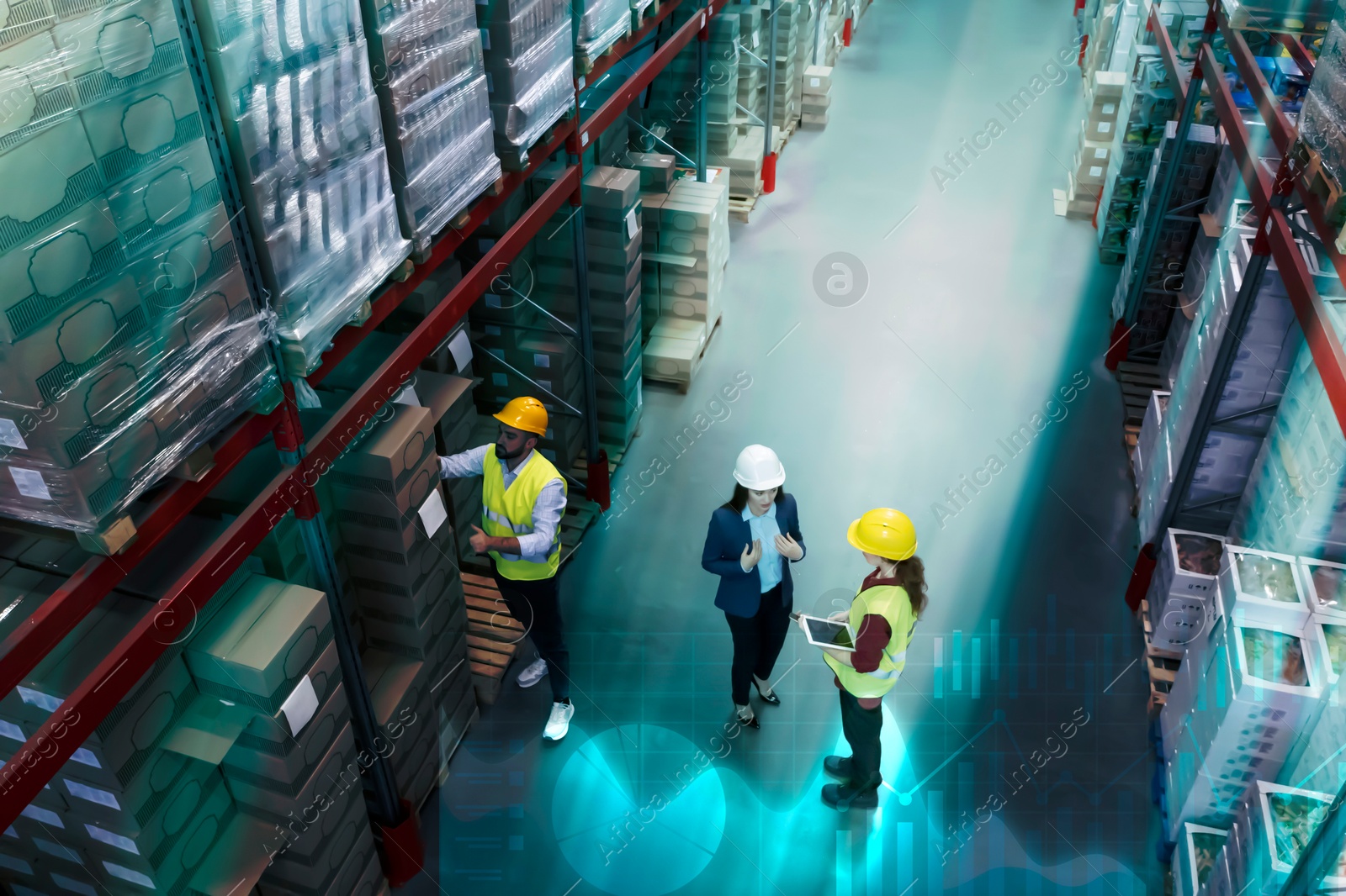 Image of Manager and workers at warehouse, above view. Logistics center. Graphs