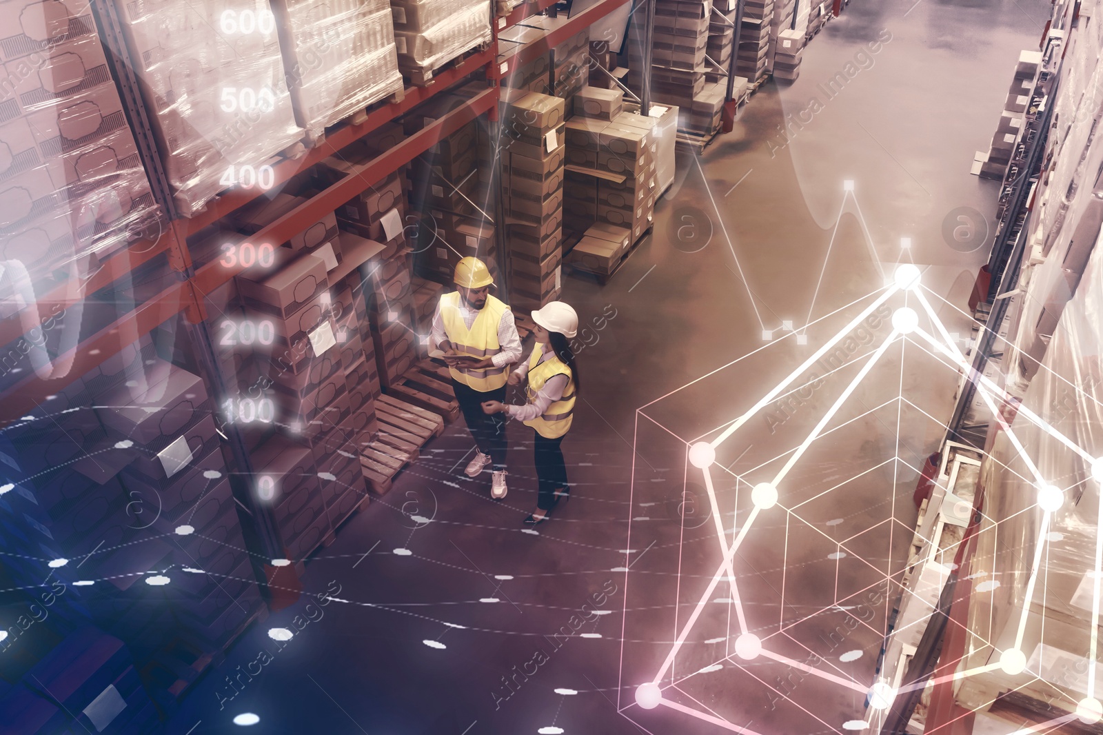 Image of Manager and worker at warehouse, above view. Logistics center. Scheme and graph