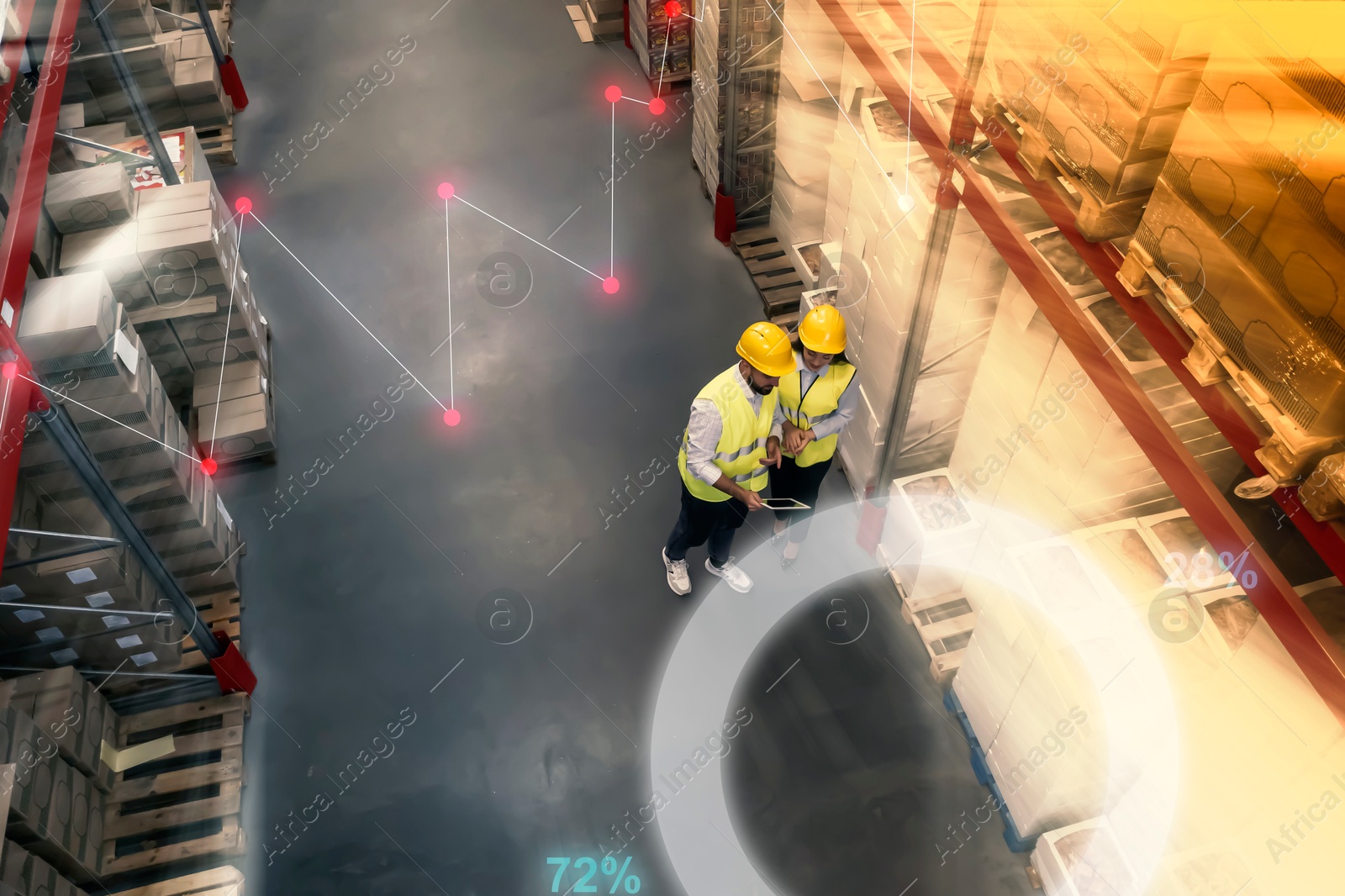 Image of Manager and worker at warehouse, above view. Logistics center. Graphs