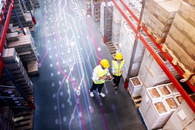 Image of Manager and worker at warehouse, above view. Logistics center, Scheme