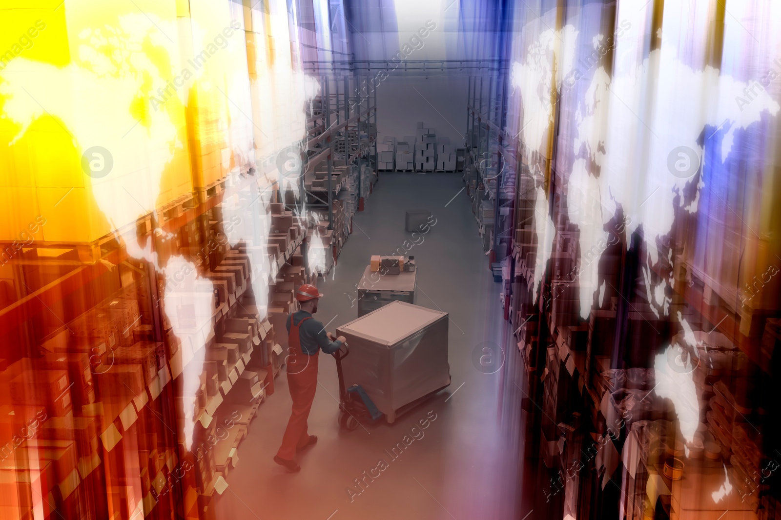 Image of Man in hardhat working with pallet truck at warehouse. Logistics center. World maps on racks with goods