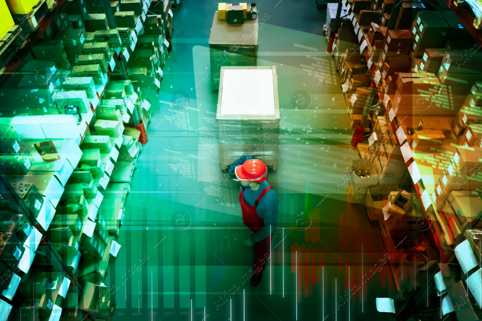 Image of Man in hardhat working with pallet truck at warehouse, above view. Logistics center