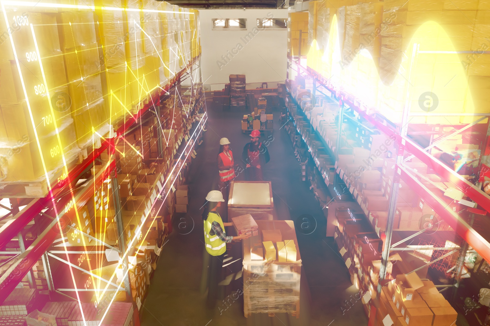 Image of Manager and workers at warehouse, above view. Logistics center. Graphs