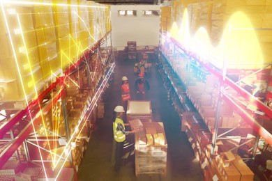 Image of Manager and workers at warehouse, above view. Logistics center. Graphs