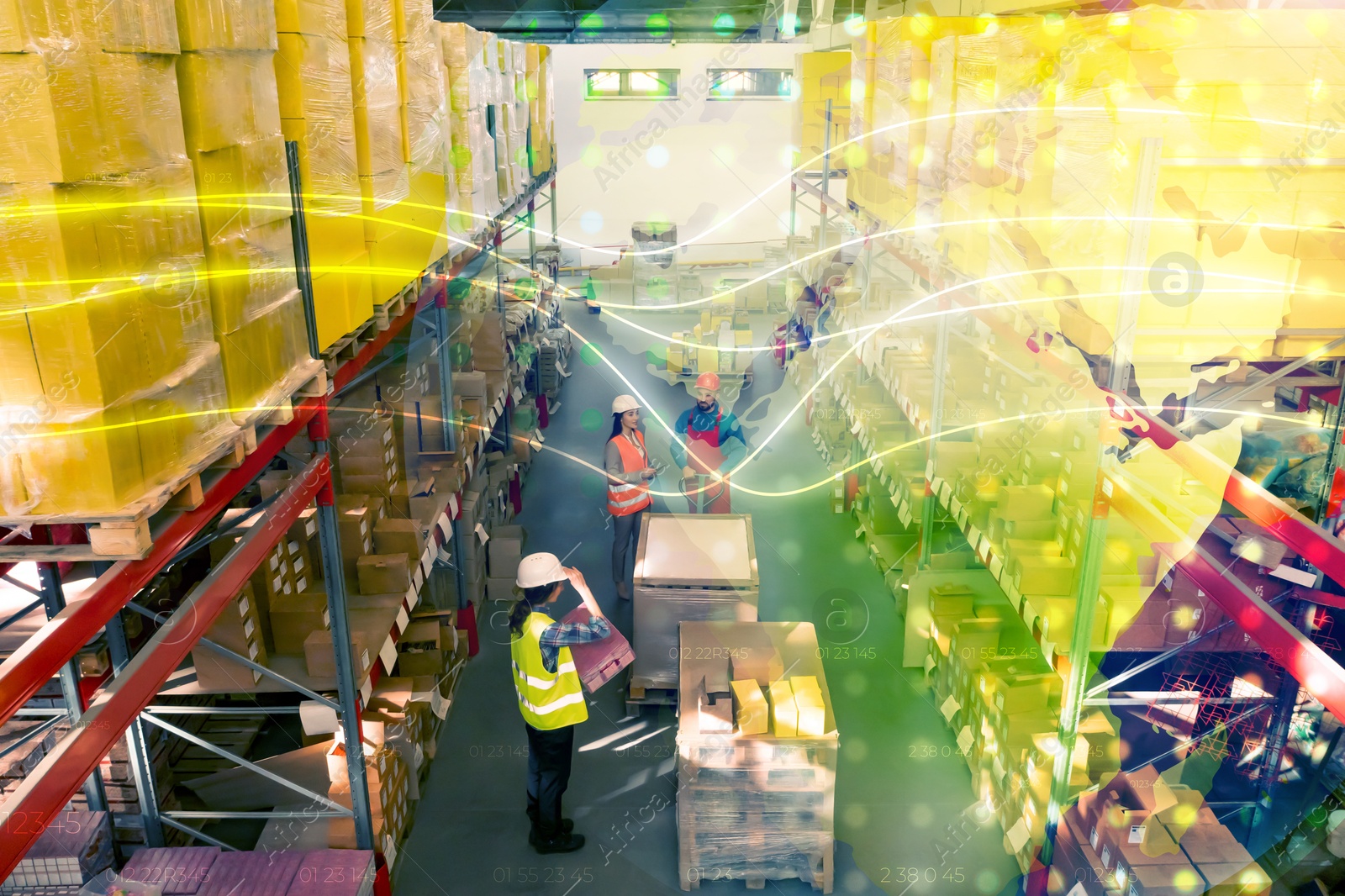 Image of Manager and workers at warehouse, above view. Logistics center