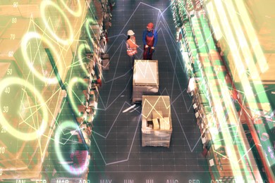 Image of Manager and worker at warehouse, above view. Logistics center. Graphs