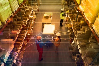 Image of Manager and workers at warehouse, above view. Logistics center