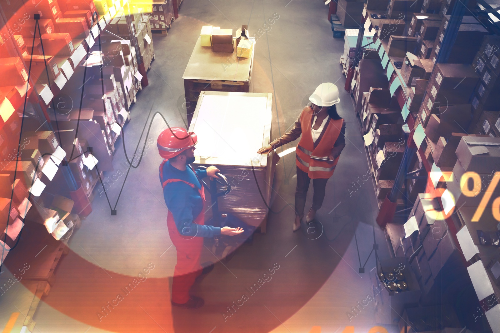 Image of Manager and worker at warehouse, above view. Logistics center. Graphs