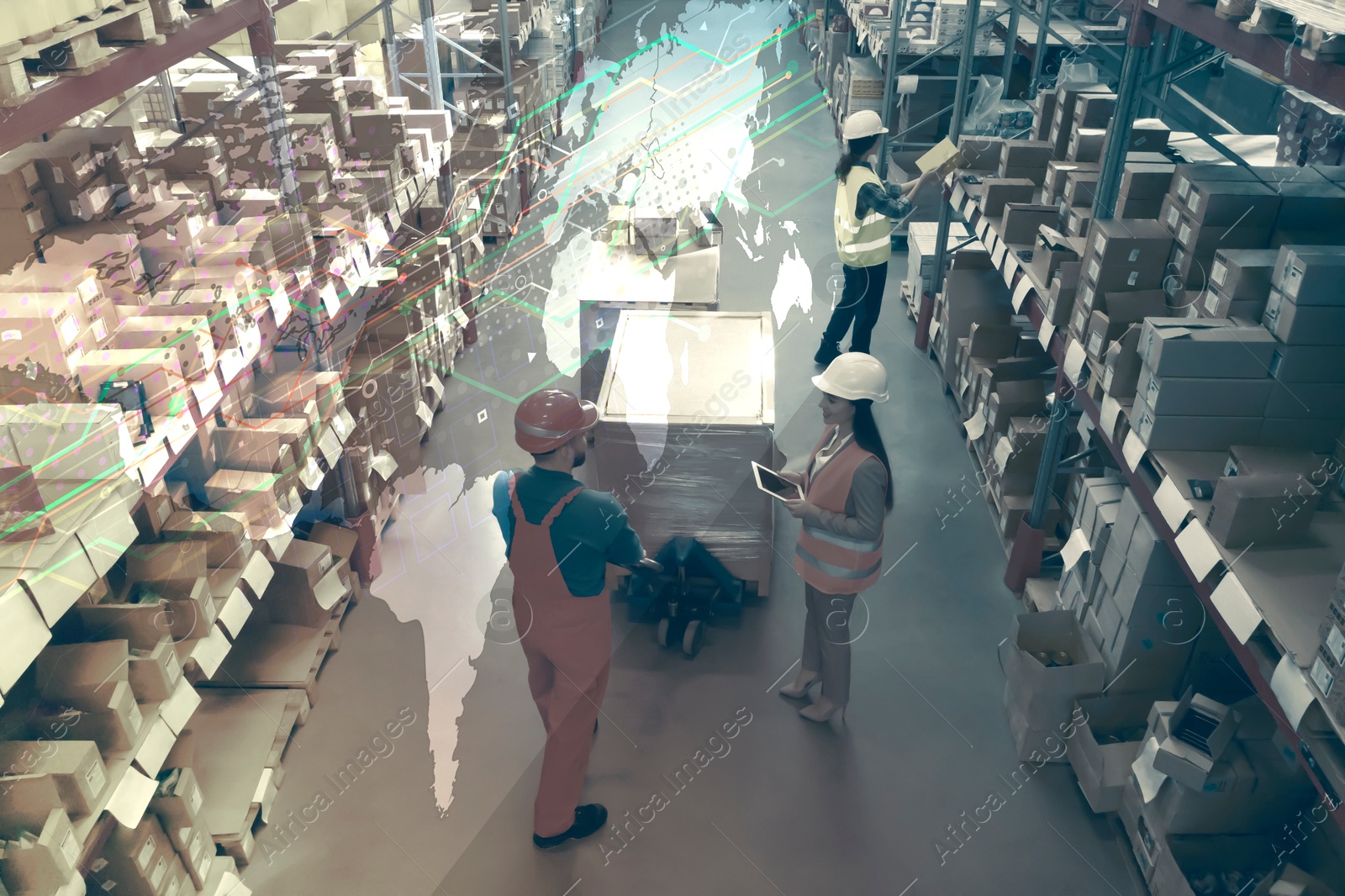 Image of Manager and workers at warehouse, above view. Logistics center. World map and graphs