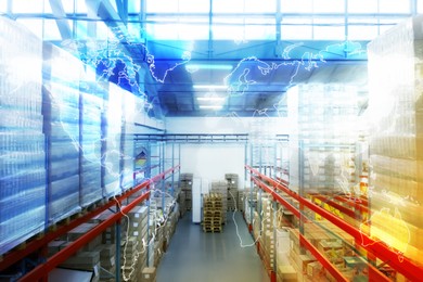 Warehouse with lots of products. Wholesale business and logistics. World map