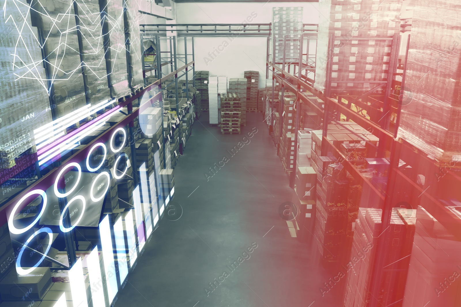 Image of Warehouse with lots of products, view from above. Wholesale business and logistics. Graphs