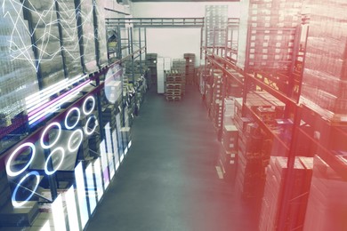 Image of Warehouse with lots of products, view from above. Wholesale business and logistics. Graphs