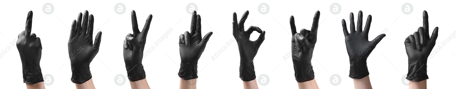 Image of Hands in black gloves showing different gestures isolated on white, collage