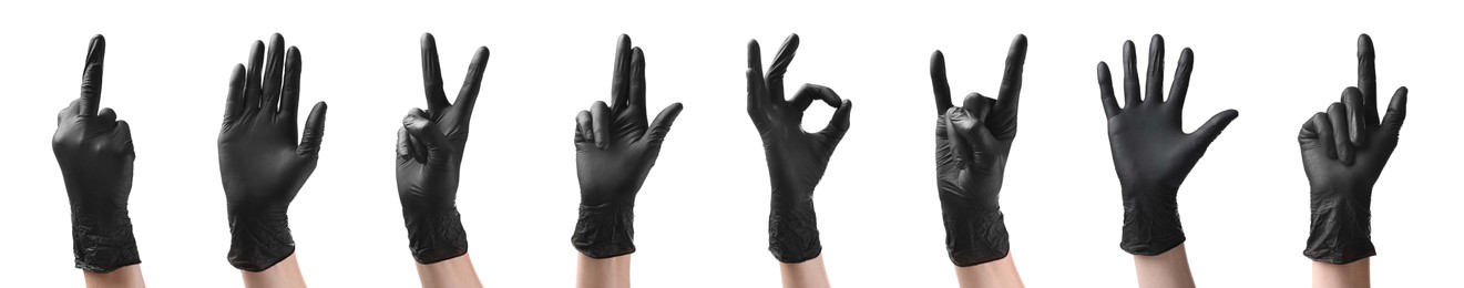 Image of Hands in black gloves showing different gestures isolated on white, collage