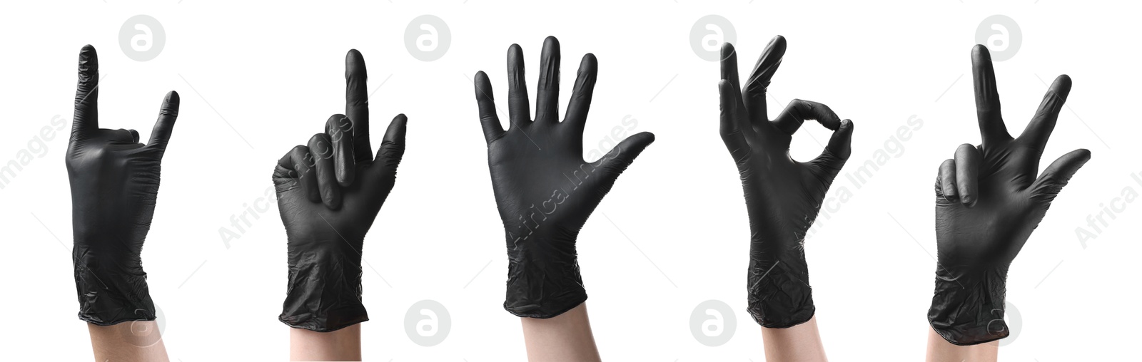 Image of Hands in black gloves showing different gestures isolated on white, collage