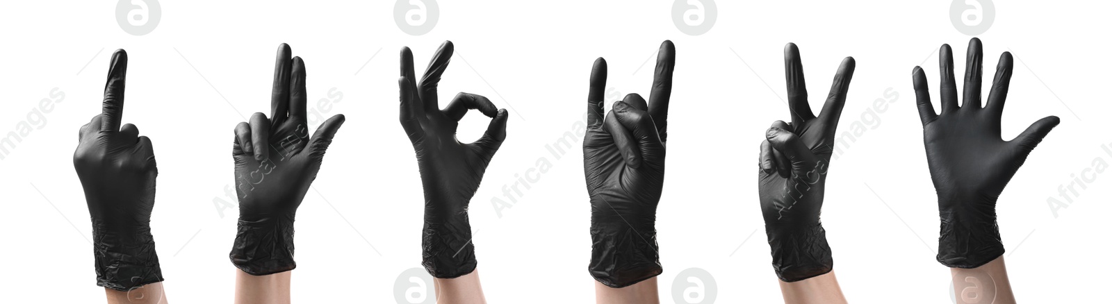 Image of Hands in black gloves showing different gestures isolated on white, collage