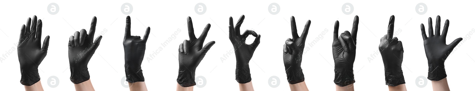 Image of Hands in black gloves showing different gestures isolated on white, collage