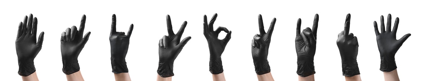 Image of Hands in black gloves showing different gestures isolated on white, collage