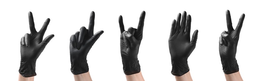 Image of Hands in black gloves showing different gestures isolated on white, collage