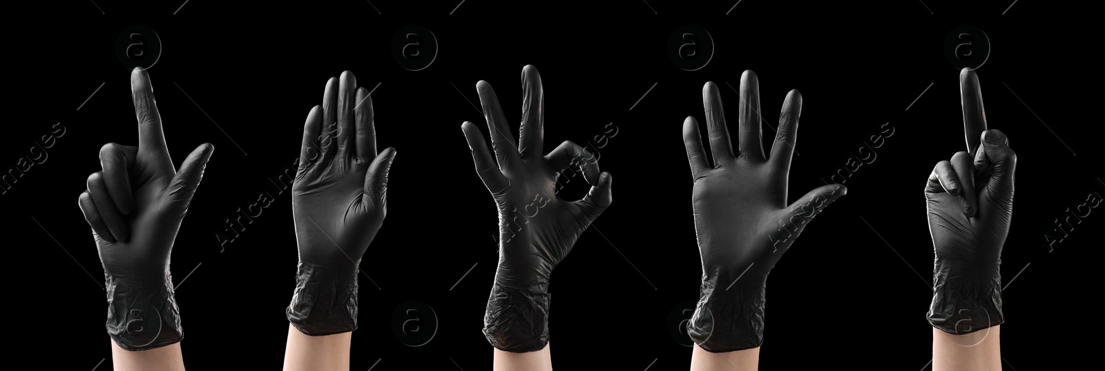 Image of Hands in black gloves showing different gestures on black background, collage