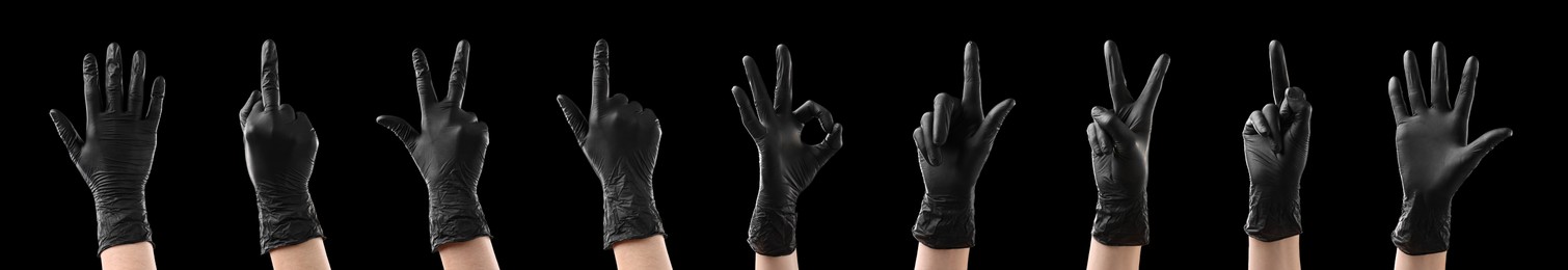 Image of Hands in black gloves showing different gestures on black background, collage