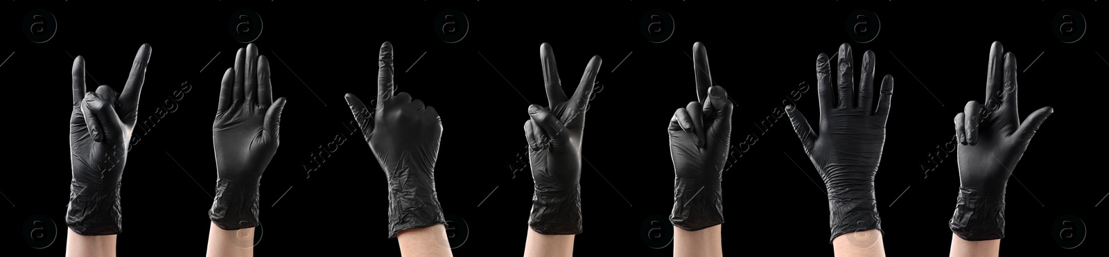 Image of Hands in black gloves showing different gestures on black background, collage