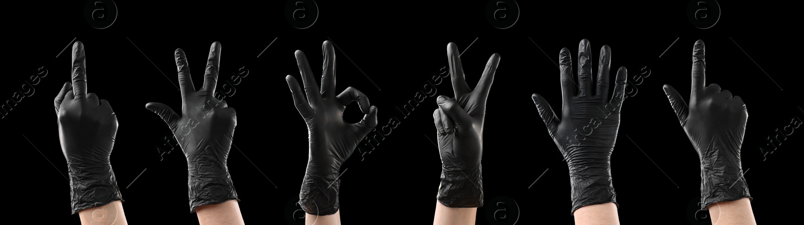 Image of Hands in black gloves showing different gestures on black background, collage