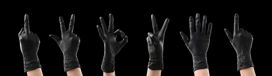 Image of Hands in black gloves showing different gestures on black background, collage