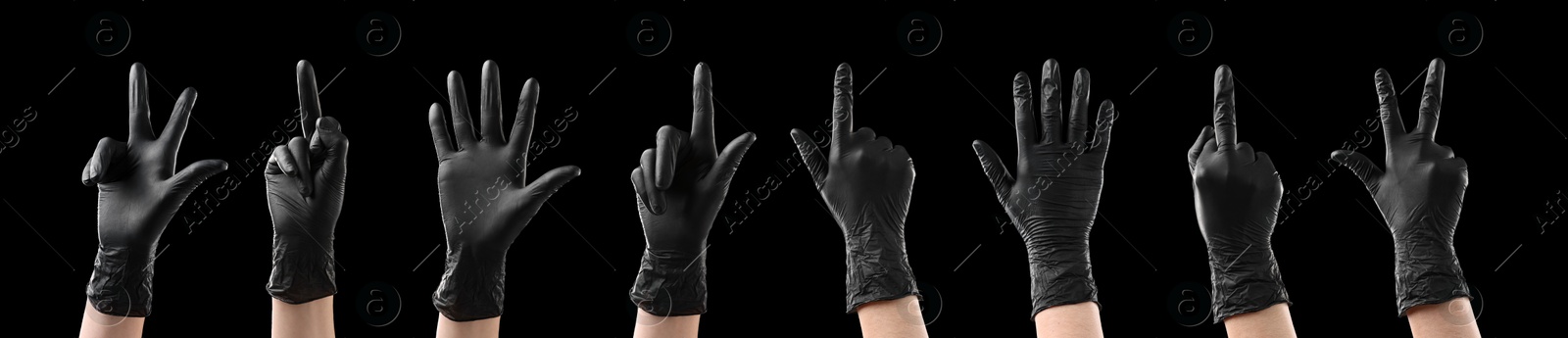 Image of Hands in black gloves showing different gestures on black background, collage