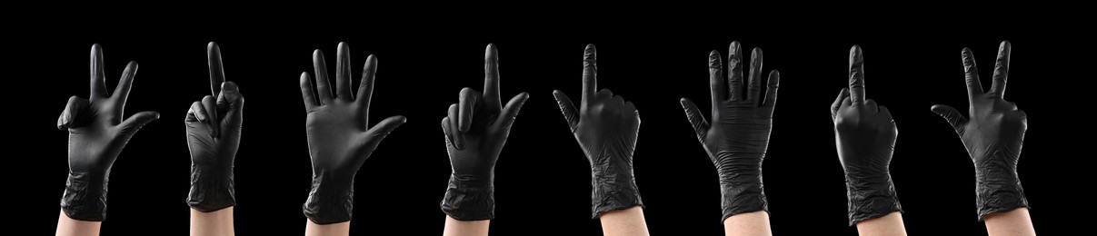 Image of Hands in black gloves showing different gestures on black background, collage