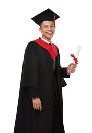 Photo of Happy student with diploma after graduation on white background