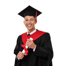 Happy student with diploma after graduation on white background