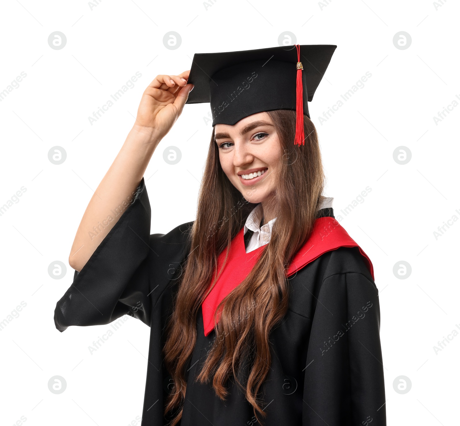 Photo of Happy student after graduation on white background