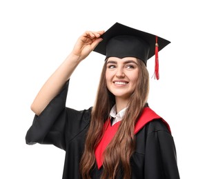 Happy student after graduation on white background