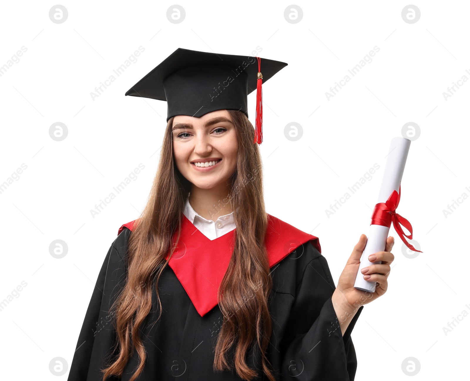 Photo of Happy student with diploma after graduation on white background