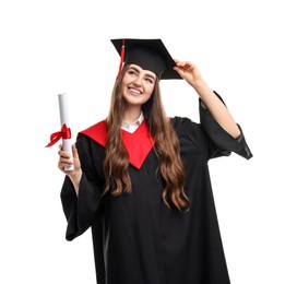 Photo of Happy student with diploma after graduation on white background