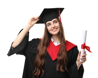 Photo of Happy student with diploma after graduation on white background