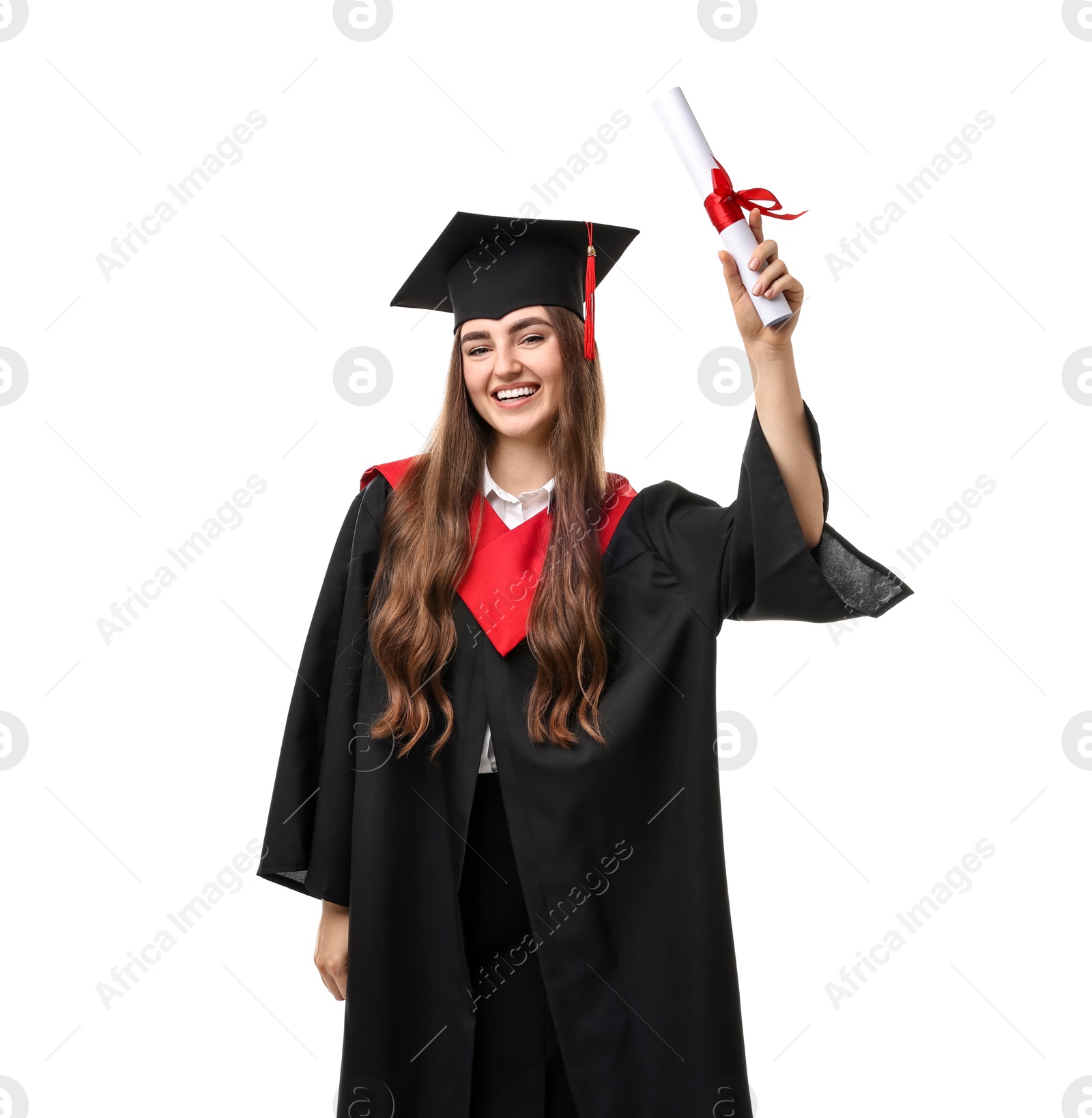 Photo of Happy student with diploma after graduation on white background