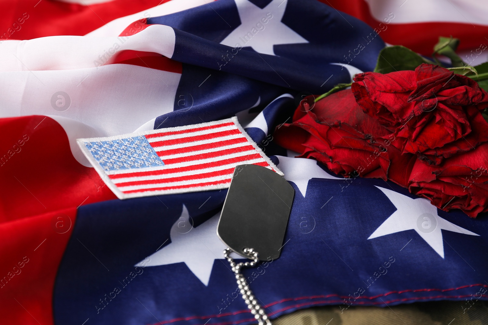 Photo of Veterans day. USA army patch, token, American flag and roses, closeup