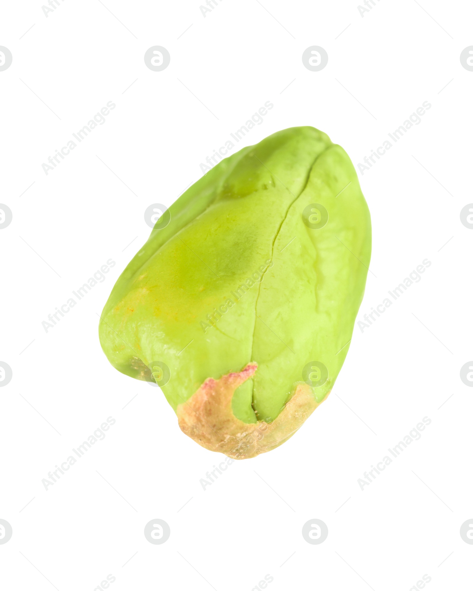 Photo of One peeled pistachio nut isolated on white