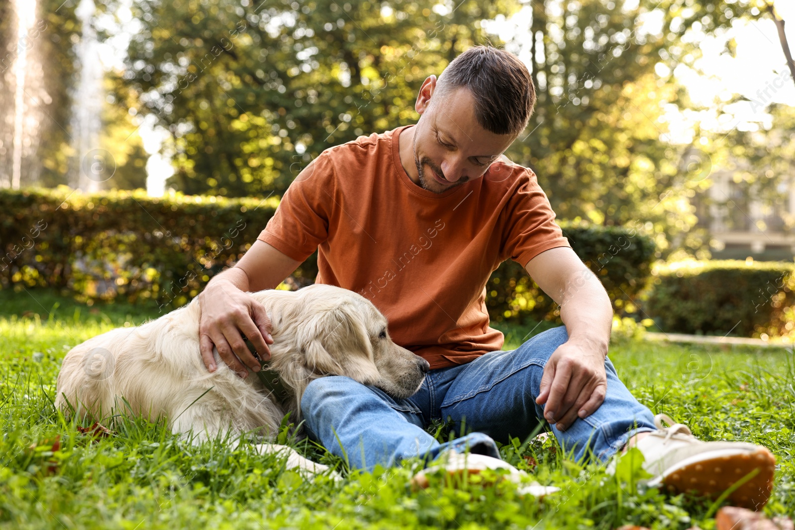 Photo of Man with cute Golden Retriever dog on spring day