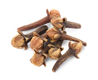 Photo of Dry clove buds on white background. Aromatic spice