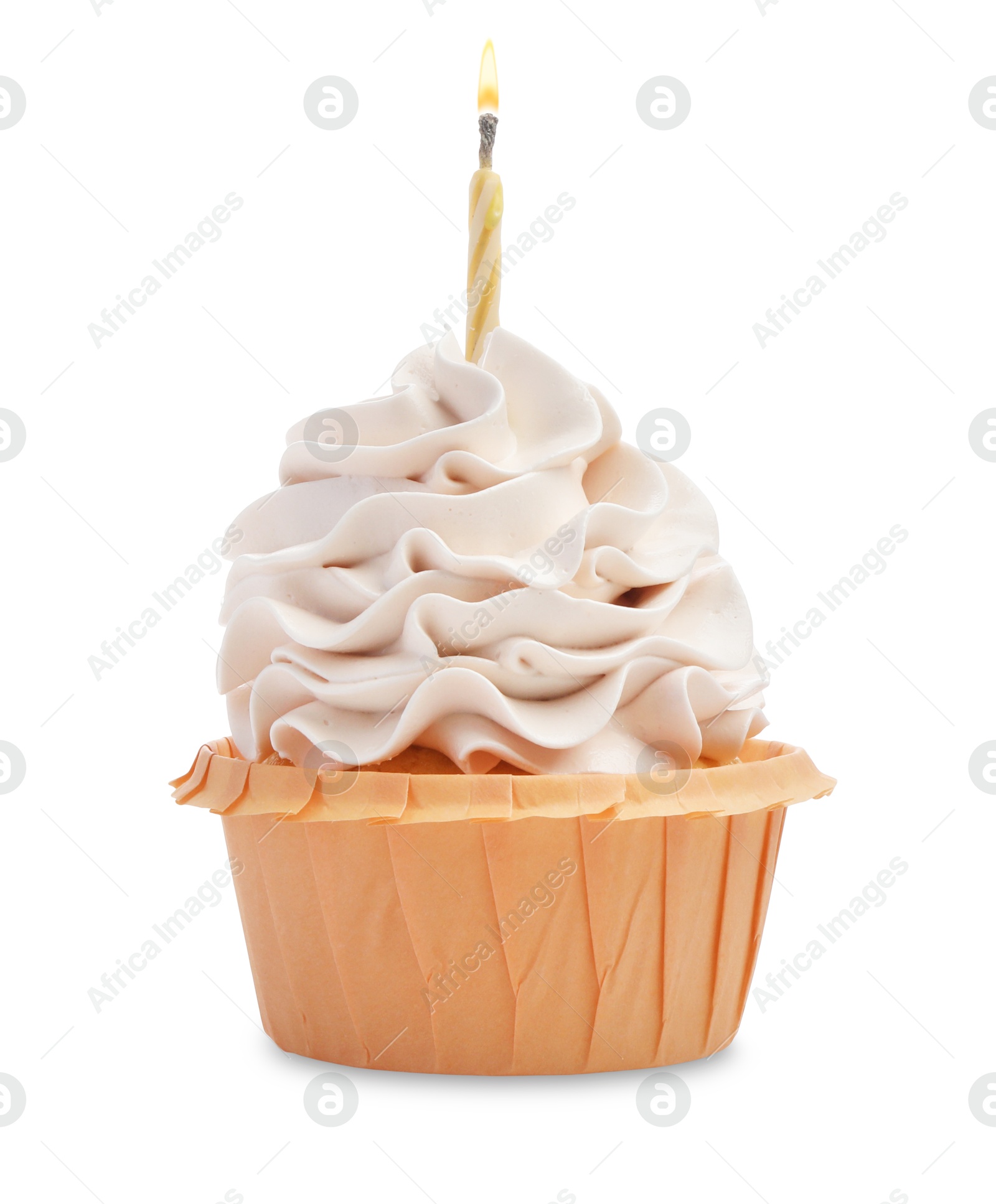 Photo of Birthday cupcake with candle isolated on white