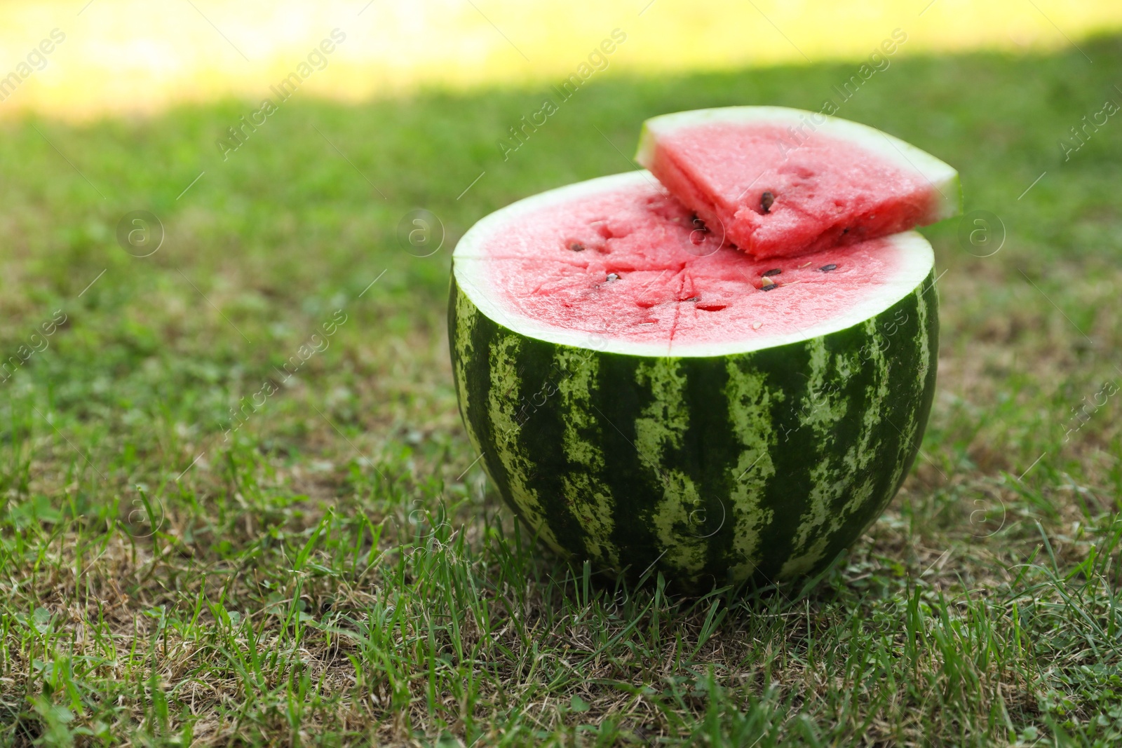 Photo of Cut juicy watermelon on green grass outdoors