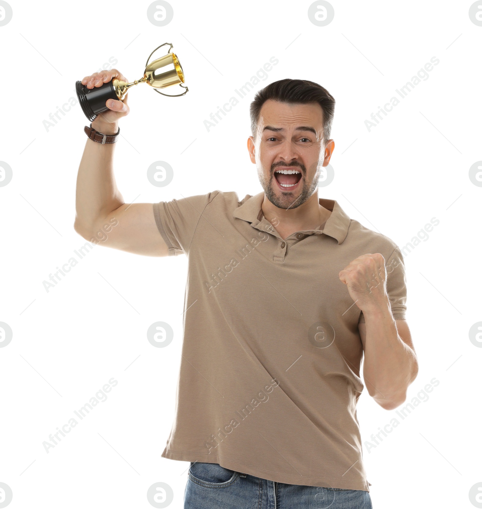 Photo of Happy winner with golden trophy cup on white background