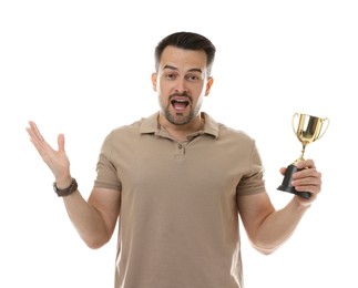 Photo of Emotional winner with golden trophy cup on white background