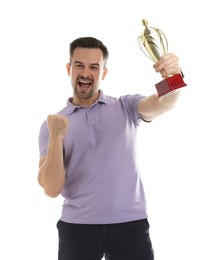 Photo of Happy winner with golden trophy cup on white background