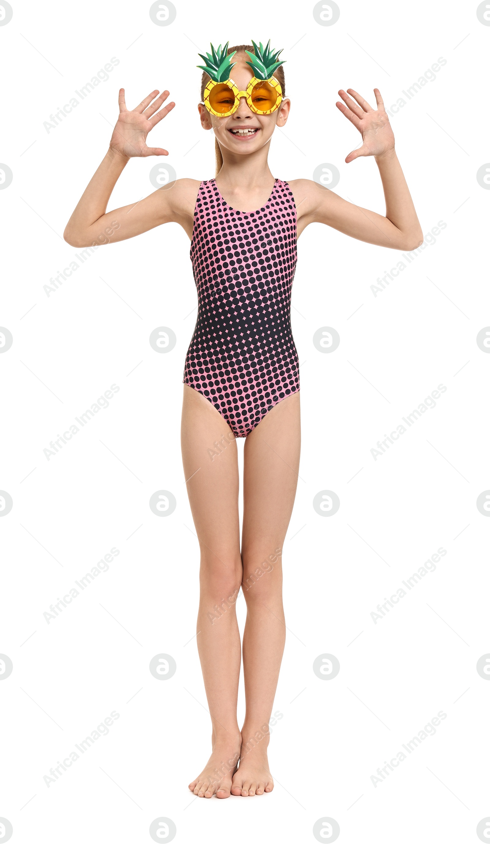 Photo of Happy girl in beachwear and sunglasses on white background