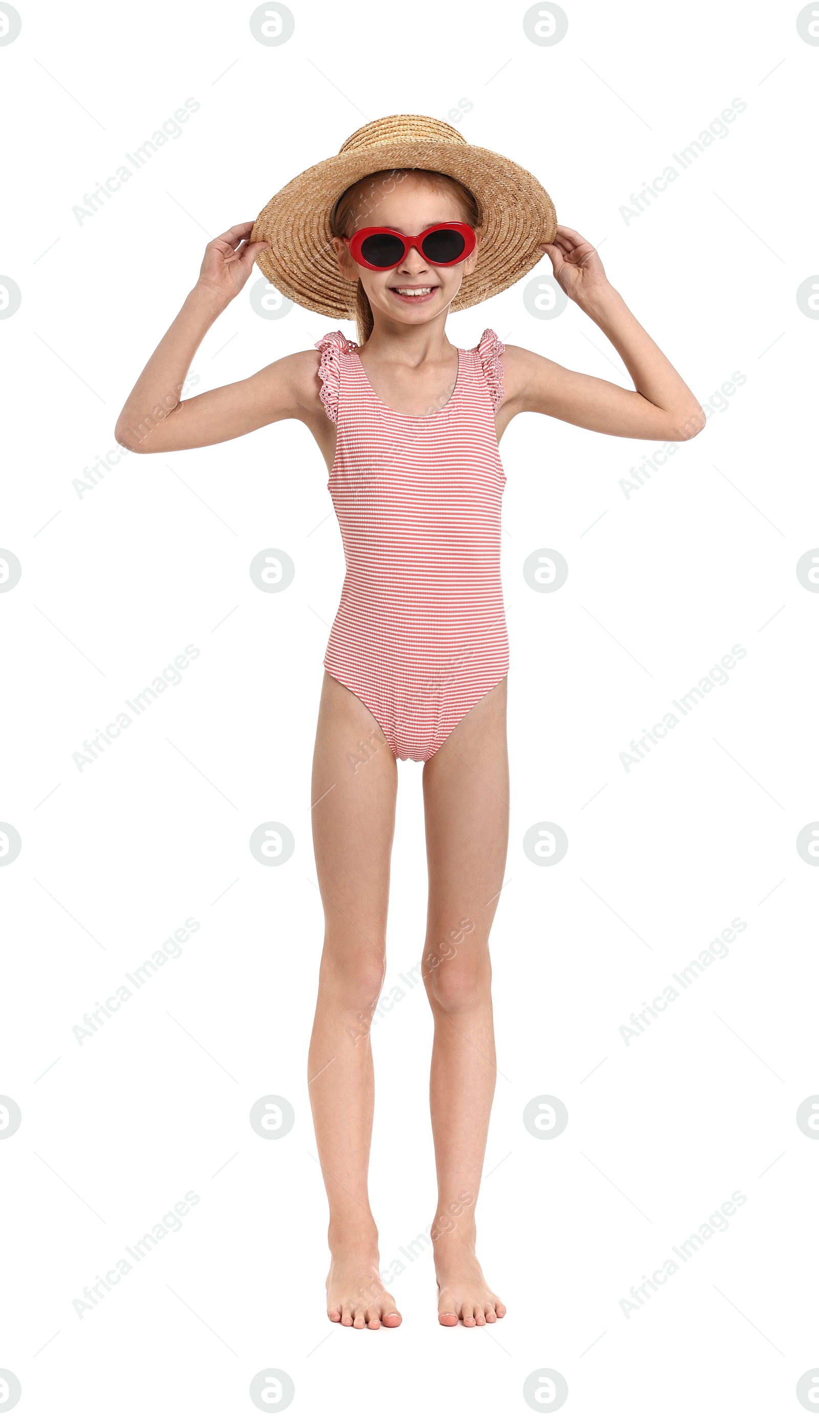 Photo of Happy girl in beachwear on white background