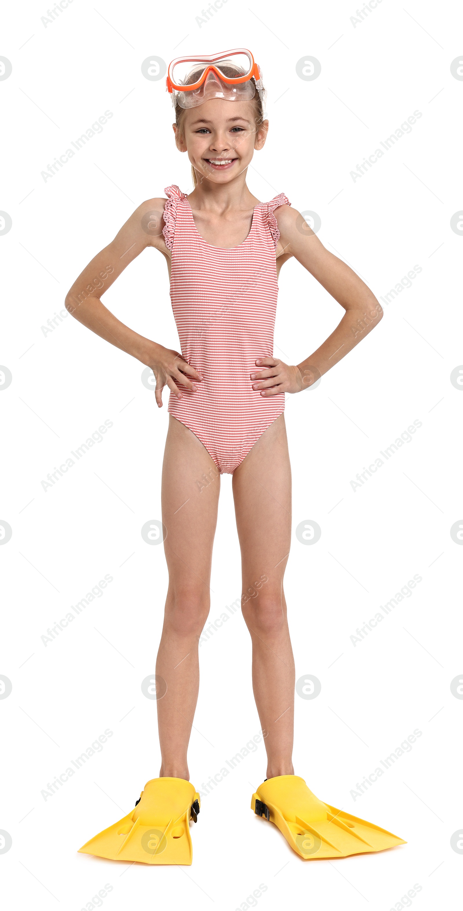 Photo of Happy girl in beachwear with diving mask and flippers on white background